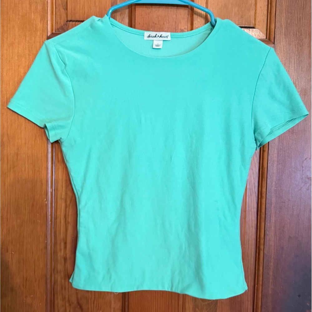 Derek Heart Mint Green Short Sleeve Crew Neck Fitted Tee Shirt Small